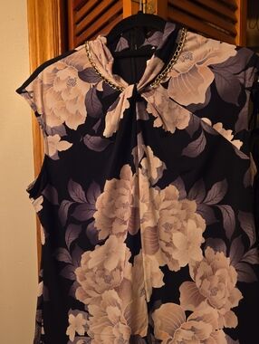 Calvin Klein Black and Blush Floral Tie-Neck Camisole with Gold Chain